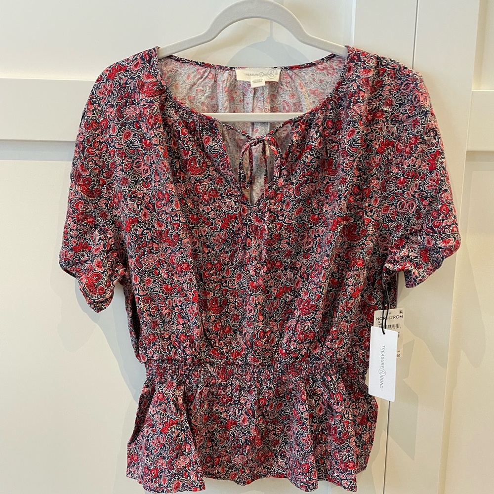 Floral tie neck top